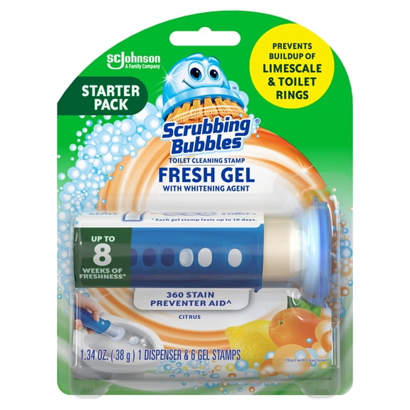 Scrubbing Bubbles Fresh Gel Toilet Cleaning Stamp, Citrus, Dispenser with 6 Gel Stamps, 1.34 oz