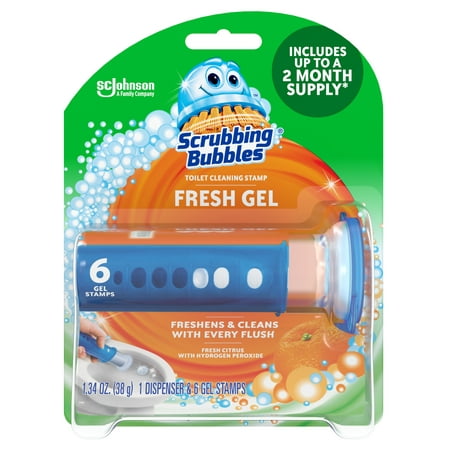 Scrubbing Bubbles Fresh Gel Toilet Cleaning Stamp, Citrus, Dispenser with 6 Gel Stamps, 1.34 oz