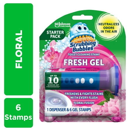 Scrubbing Bubbles Fresh Gel Toilet Cleaning Stamp, Floral Fusion, Dispenser with 6 Gel Stamps, 1.34 oz