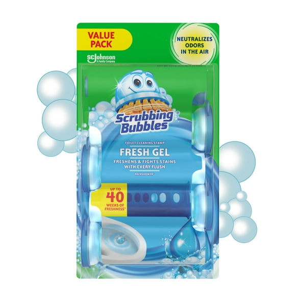 Scrubbing Bubbles Fresh Gel Toilet Cleaning Stamp, Rain shower, Dispenser with 4 Refills