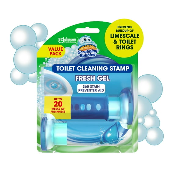 Scrubbing Bubbles Fresh Gel Toilet Cleaning Stamp, Rainshower, Dispenser with 12 Gel Stamps, 2.68 oz