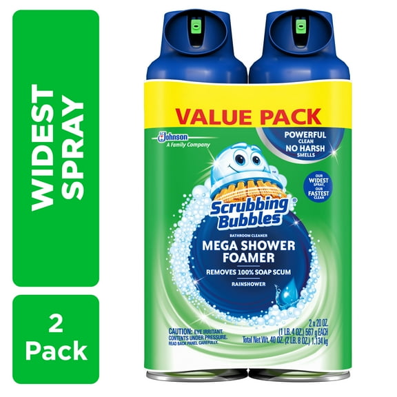 Scrubbing Bubbles Mega Shower Foamer Aerosol, Disinfectant Spray, Bathroom and Shower Cleaner, Rainshower Scent, 20 oz, 2 Count