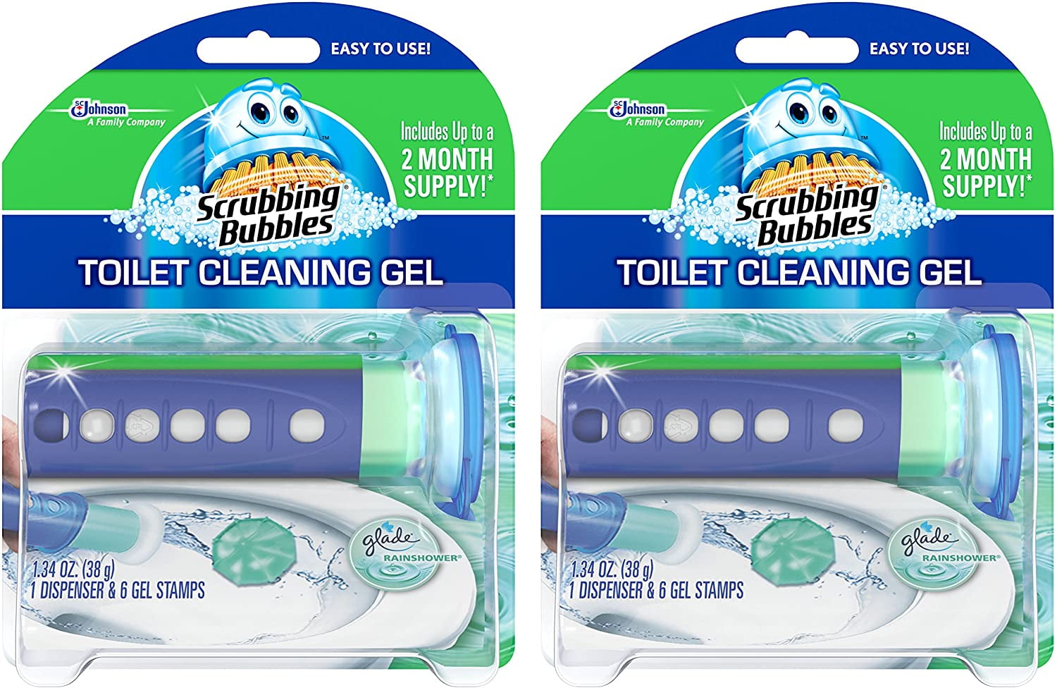 Scrubbing Bubbles Toilet Bowl Cleaning Gel Starter Kit, Includes Dispenser and Gel, Glade Rainshower Scent, 6 Stamps, Pack of 2 (12 Total Stamps)