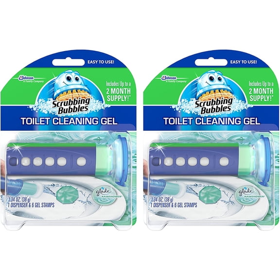 Scrubbing Bubbles Toilet Bowl Cleaning Gel Starter Kit, Includes Dispenser and Gel, Glade Rainshower Scent, 6 Stamps, Pack of 2 (12 Total Stamps)