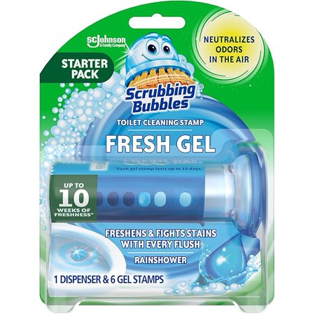 Scrubbing Bubbles Toilet Gel Stamps, Fresh Gel Toilet Cleaning Stamps, Helps Keep Toilet Clean and Helps Prevent Limescale & Toilet Rings, Rainshower Scent, 1 Dispenser with 6 Stamps