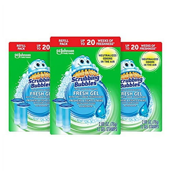 Scrubbing Bubbles Toilet Gel Stamps Refills, Fresh Gel Toilet Cleaning Stamps, Helps Keep Toilet Clean and Helps Prevent Limescale & Toilet Rings, Rainshower Scent, 12 Stamps, Pack of 3