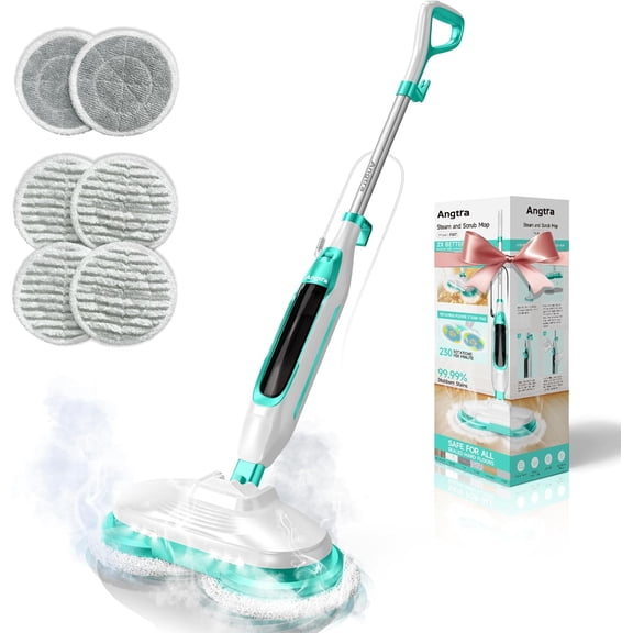 Scrubbing Steam Mop with Rotating Pads, All-in-One Hard Floor Cleaner LED Headlights, & Spin Control, 6 Soft Scrub Swivel Steering, FS07
