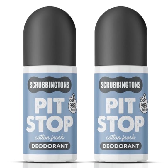 Scrubbingtons Pit Stop 98% Natural Deodorant For Women, Men, Roll on For Sensitive Skin Made in UK. Paediatrician approved, Aluminium & Alcohol Free, Vegan & Cruelty Free, Cotton Fresh, 75ml x 2