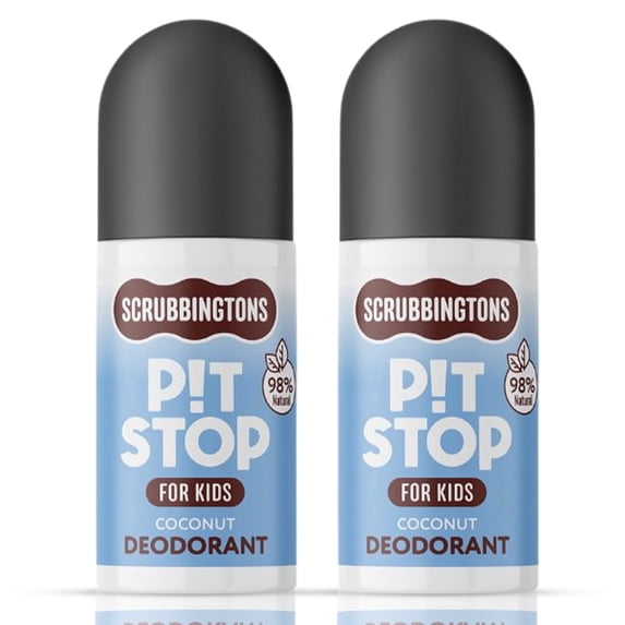 Scrubbingtons Pit Stop Kids Deodorant 98% Natural Roll On, Coconut 75ml x 2