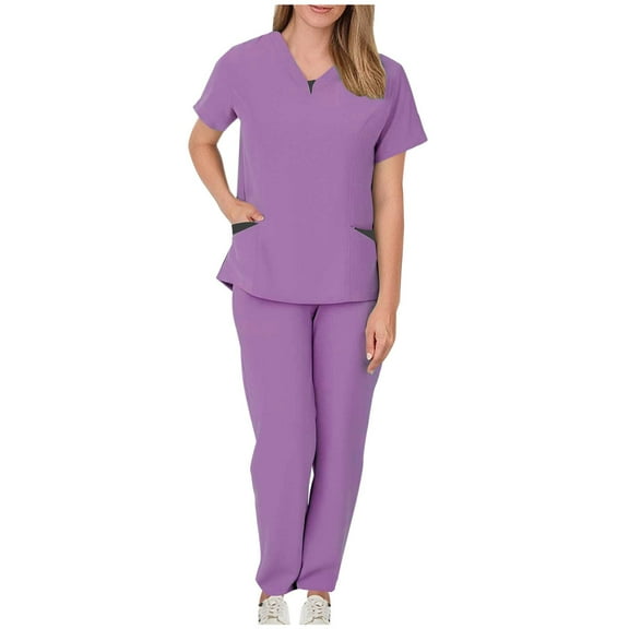 Scrubs 2 Piece Set for Women - Modern V-Neck Top & Jogger Pants Medical Nursing Uniforms Womens Scrub Matching Sets