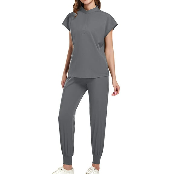 Scrubs 2 Piece Set for Women Nurse Uniform Short Sleeve Top and Drawstring Jogger Pants with Multi Pocket Nurse Workwear