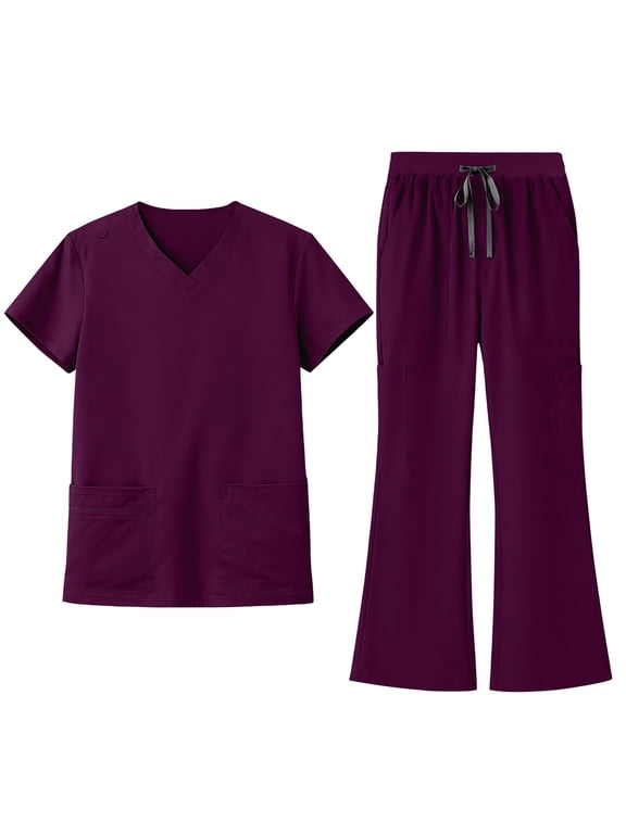 Scrubs 2 Piece Sets For Women Breathable Short Sleeve Solid Color Nurse Uniform Multi Pocket V Neck Scrub Top & Flare Leg Pants Soft Regular Fit Medical Uniform