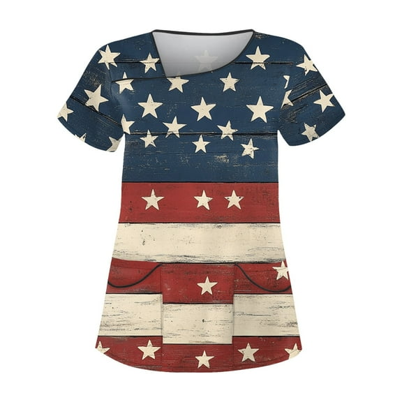Scrubs, 4Th Of July Tops Women Plus Size Skew Collar Short Sleeve Workwear With Double Layer Pockets Red White And Royal Blue American Flag Top Mothers Day Outfits Shirts (XXL, Blue) ZMTing