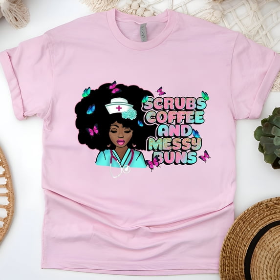 Scrubs Coffee and Messy Buns T-Shirt | Nurse Afro Hair Graphic Tee, Light Pink, Size 2XL