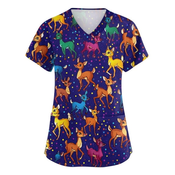 Scrubs, Cute Animal Printed Casual Short Sleeve V Neck Carer Working Uniform Nurse Shirts With Pockets Scrub Jumpsuit For Women Workout Tops Blouses Dressy Casual Outfits (XXL, Navy) ZMTing