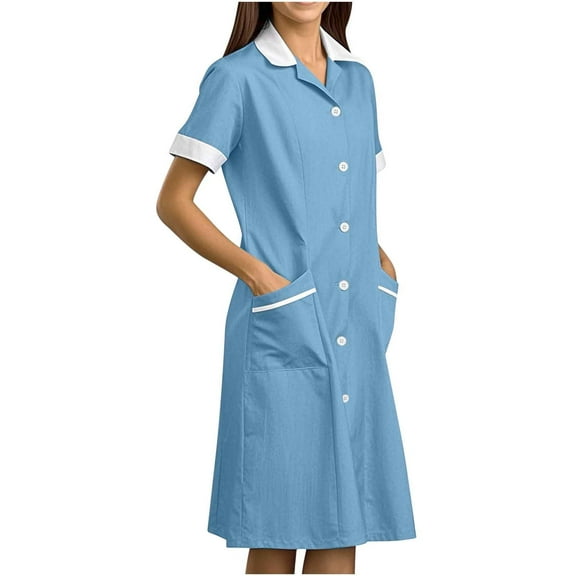 Scrubs Dresses for Women Casual Short Sleeve Nurse Working Uniform Stretchy Button Front Nursing Workwear with Pockets