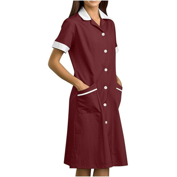 Scrubs Dresses for Women Casual Short Sleeve Nurse Working Uniform Stretchy Button Front Nursing Workwear with Pockets