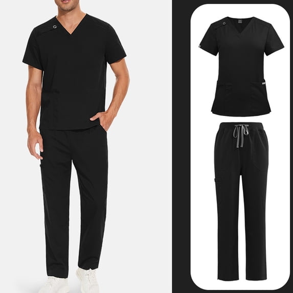 Scrubs For Men 2 Piece Uniform Set With V-Neck Top & Jogger With Multi Pockets Summer Men's Hosptial Workwear Black L