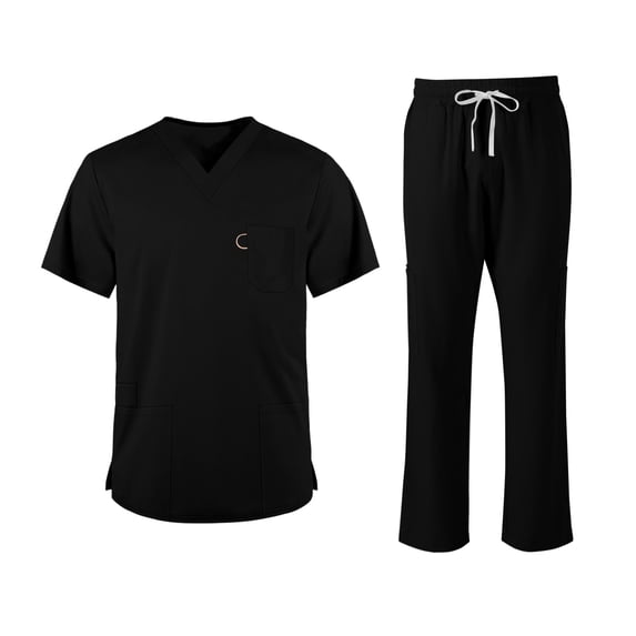 Scrubs For Men Set Stretch V-Neck Tops & Elastic Waistband Pants Moisture-Wicking With Multi Pockets Classic Work Uniform Black XL