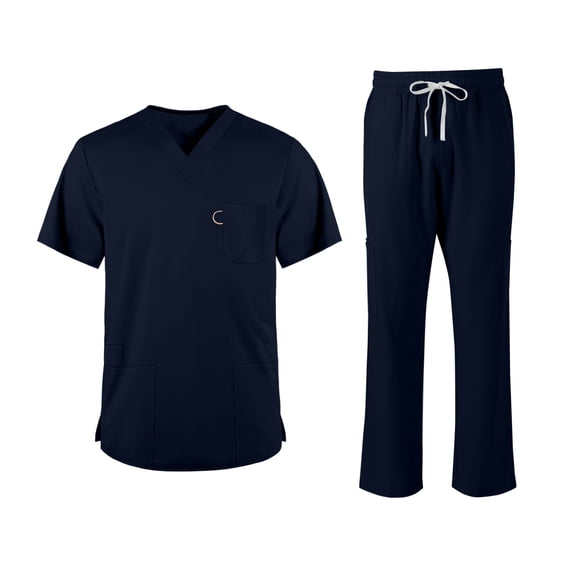 Scrubs For Men Set Stretch V-Neck Tops & Elastic Waistband Pants Moisture-Wicking With Multi Pockets Classic Work Uniform Blue L