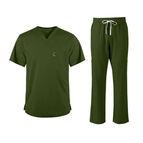 Scrubs For Men Set Stretch V-Neck Tops & Elastic Waistband Pants Moisture-Wicking With Multi Pockets Classic Work Uniform Green L