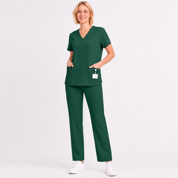 Scrubs For Women 2 Piece Set V Neck 2 Pocket Work Top & Straight Leg Pants Cozy Breathable Quick Drying Nurse Sets Dark Green L