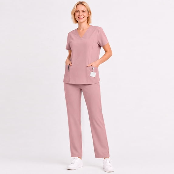 Scrubs For Women 2 Piece Set V Neck 2 Pocket Work Top & Straight Leg Pants Cozy Breathable Quick Drying Nurse Sets Pink 2XL