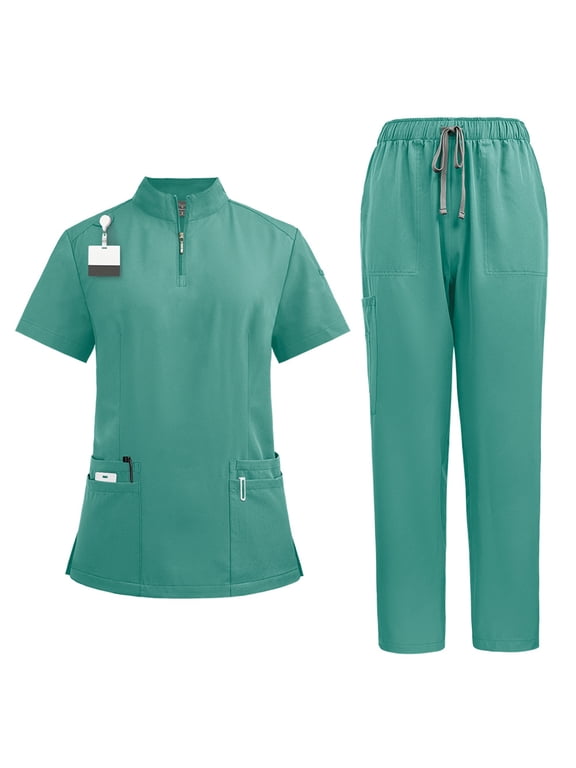 Scrubs For Women 2 Piece Set Zip Mockneck Short Sleeve Tops And Multi Storage Pockets Straight Leg Pants Soft Cozy Nurse Sets Mint Green M