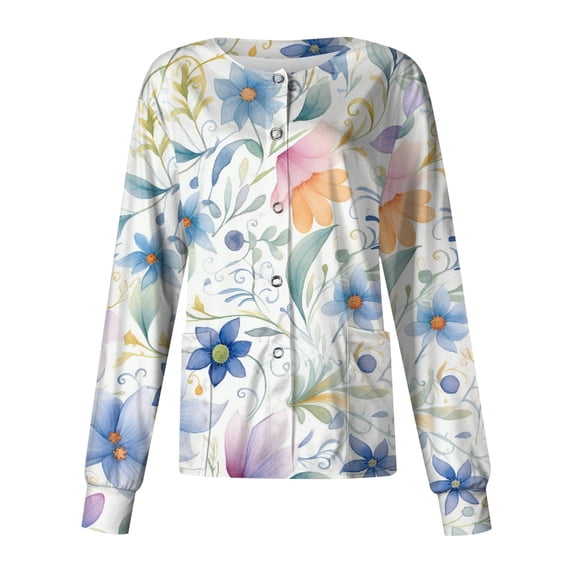 Scrubs For Women 2 Pockets Floral Print Long Sleeve Scrub Jacket Snap Button Soft Comfortable Nurse Work Outerwear Green S