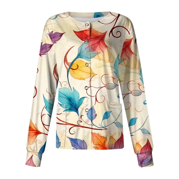 Scrubs For Women 2 Pockets Floral Print Long Sleeve Scrub Jacket Snap Button Soft Comfortable Nurse Work Outerwear Red 4XL