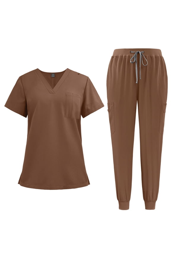 Scrubs For Women Classic Solid Scrub Top & Pants Combo - Quick-Dry Tech, Elastic Waistband, Ideal for Healthcare Pros Brown XL