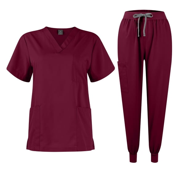 Scrubs For Women Convertible Women's Scrub Set - Roll-Tab Sleeves, Adjustable Waist Ties, Functional Pockets Wine M