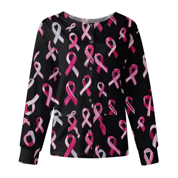 Scrubs For Women Crew Neck Snap Long Sleeve Ribbon Printed Scrub Jacket With Pockets Cozy Workwear Uniform Tops Purple Pink 2XL