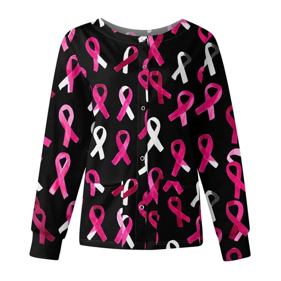 Scrubs For Women Crew Neck Snap Long Sleeve Ribbon Printed Scrub Jacket With Pockets Cozy Workwear Uniform Tops