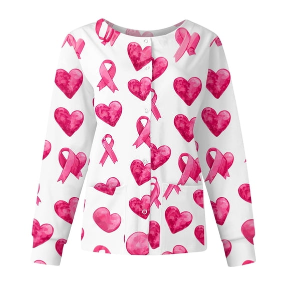 Scrubs For Women Crew Neck Snap Long Sleeve Ribbon Printed Scrub Jacket With Pockets Cozy Workwear Uniform Tops Red S