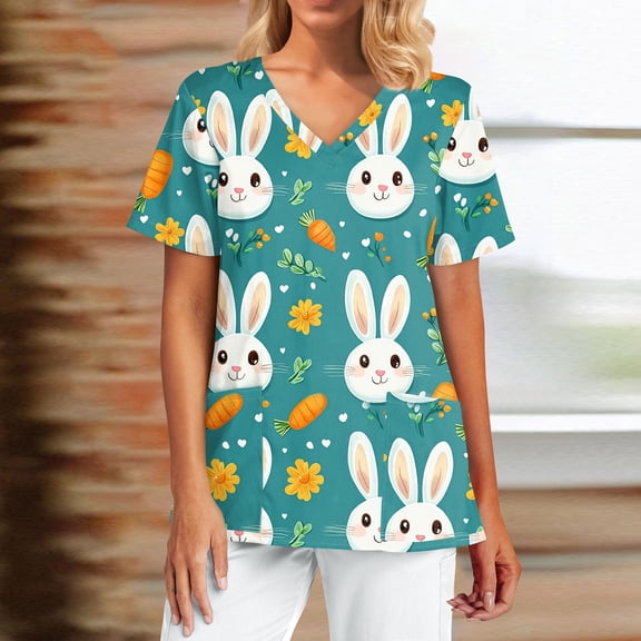 Scrubs For Women，Easter Scrub Tops Women Bunny Egg Hunt Print Medical Scrubs Top Stretchy V Neck Short Sleeve Nurse Uniforms，Green，M