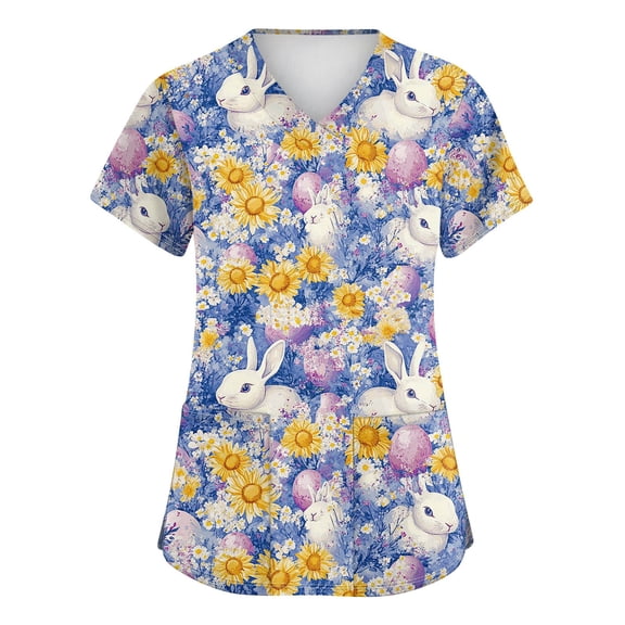 Scrubs For Women，Easter Scrub Tops Women Plus Size Bunny Egg Hunt Print Short Sleeve V Neck Stretchy Holiday Nurse Working Uniform，Purple，L