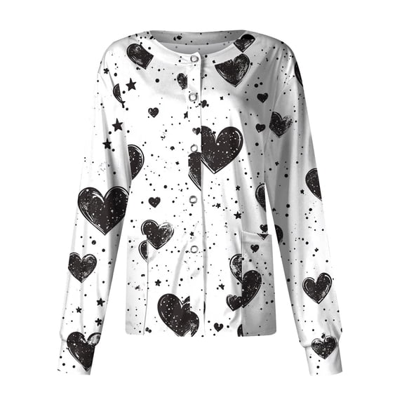 Scrubs For Women Heart Print Snap Button Long Sleeve Scrub Jacket With 2 Pockets Breathable Quick Dry Nurse Uniform Light Gray 5XL