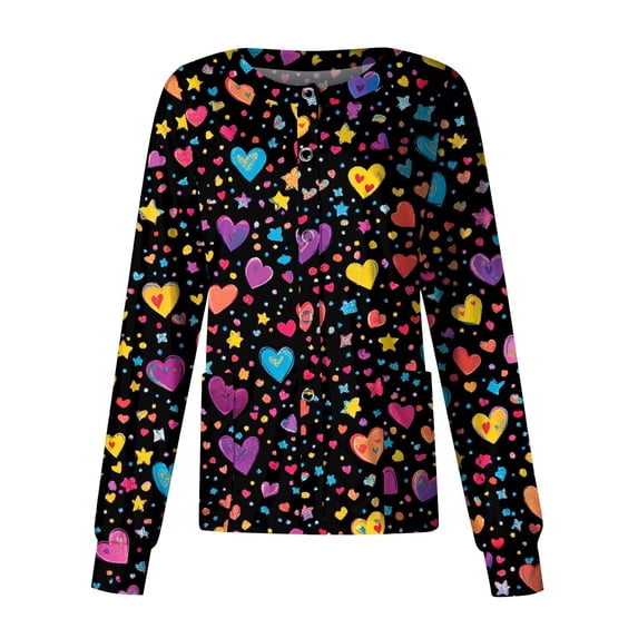 Scrubs For Women Heart Print Snap Button Long Sleeve Scrub Jacket With 2 Pockets Breathable Quick Dry Nurse Uniform Yellow M
