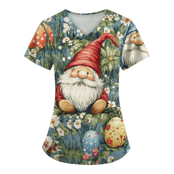 Scrubs For Women Petite，Scrub Tops Womens Cute Easter Printed Nurse Uniforms 2026 Short Sleeve Scrub V Neck Shirt with Pockets，Red，XXXXL