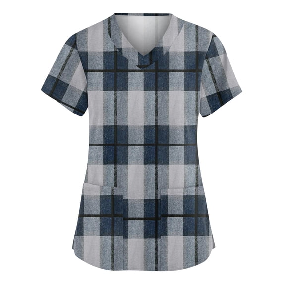 Scrubs For Women Plaid Print Short Sleeve Medical Scrub Top V Neck Vintage Comfort Fit Nursing Work Shirt