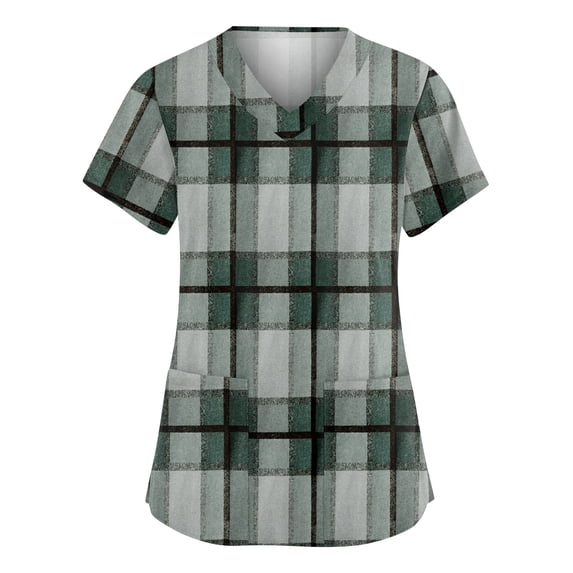 Scrubs For Women Plaid Print Short Sleeve Medical Scrub Top V Neck Vintage Comfort Fit Nursing Work Shirt Green#2 L