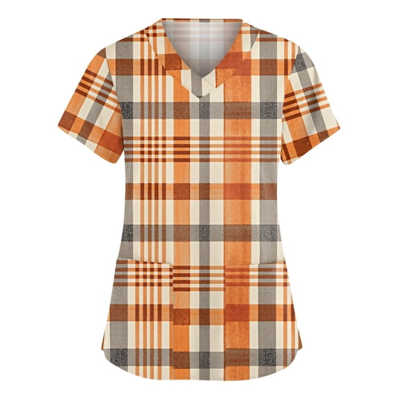 Scrubs For Women Plaid Print Short Sleeve Medical Scrub Top V Neck Vintage Comfort Fit Nursing Work Shirt Orange 4XL