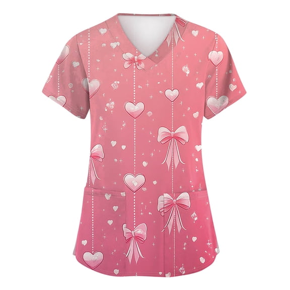 Scrubs For Women Plus Size,Women's Fashion V-Neck Short-Sleeve Workwear with Pockets Valentine's Day Printed Top Nursing Scrub Top - Pink - XXXL