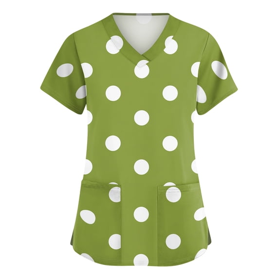 Scrubs For Women Polka Dot Print Short Sleeve Medical Scrub Top With Dual Patch Pockets Cozy Breathable Workwear Uniform Tops Green S