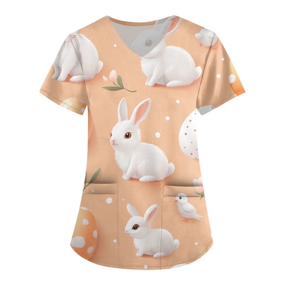 Scrubs For Women，Scrub Tops Womens Cute Easter Printed Nurse Uniforms 2026 Short Sleeve Scrub V Neck Shirt with Pockets，Orange，XXXXL