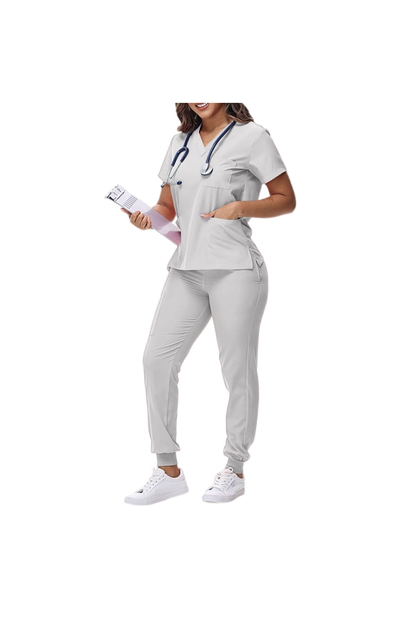 Scrubs For Women,Scrubs Set for Women Nurse Uniform V-Neck Top and Drawstring Jogger Pants with Multi Pocket Nurse Workwear - White - S