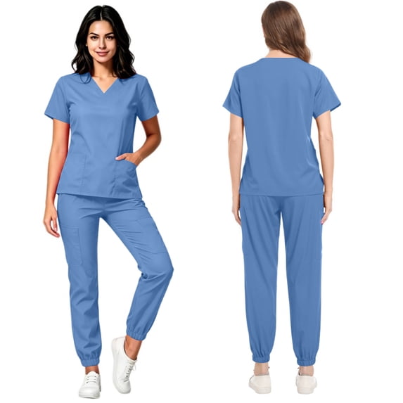Scrubs For Women Set 2 Front Pockets Scrub Top And Elastic Cuff Jogger Cargo Pants Nurse Uniform 2 Piece Sets For Women Summer Light Blue L