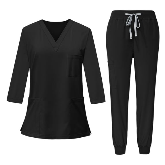 Scrubs For Women Set 3/4 Sleeve V Neck 3 Pockets Tops & Drawstring Jogger Pants Cozy Breathable Quick Drying Nurse Sets Black L