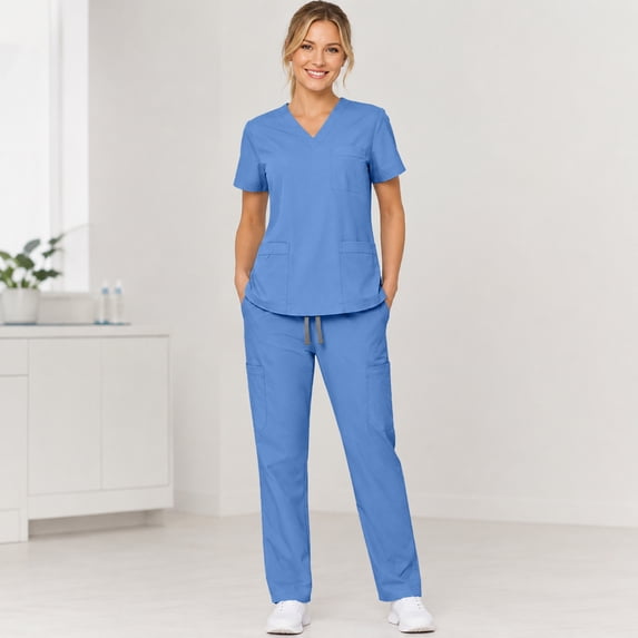 Scrubs For Women Set Classic V Neck 3 Pocket Scrub Top & Drawstring Straight Leg Cargo Pants,Stretch Breathable Nursing Uniform Dark Blue L